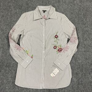 HANNAH Shirt Womens Sz S  White Brown Striped Floral Button Tunic Cottage